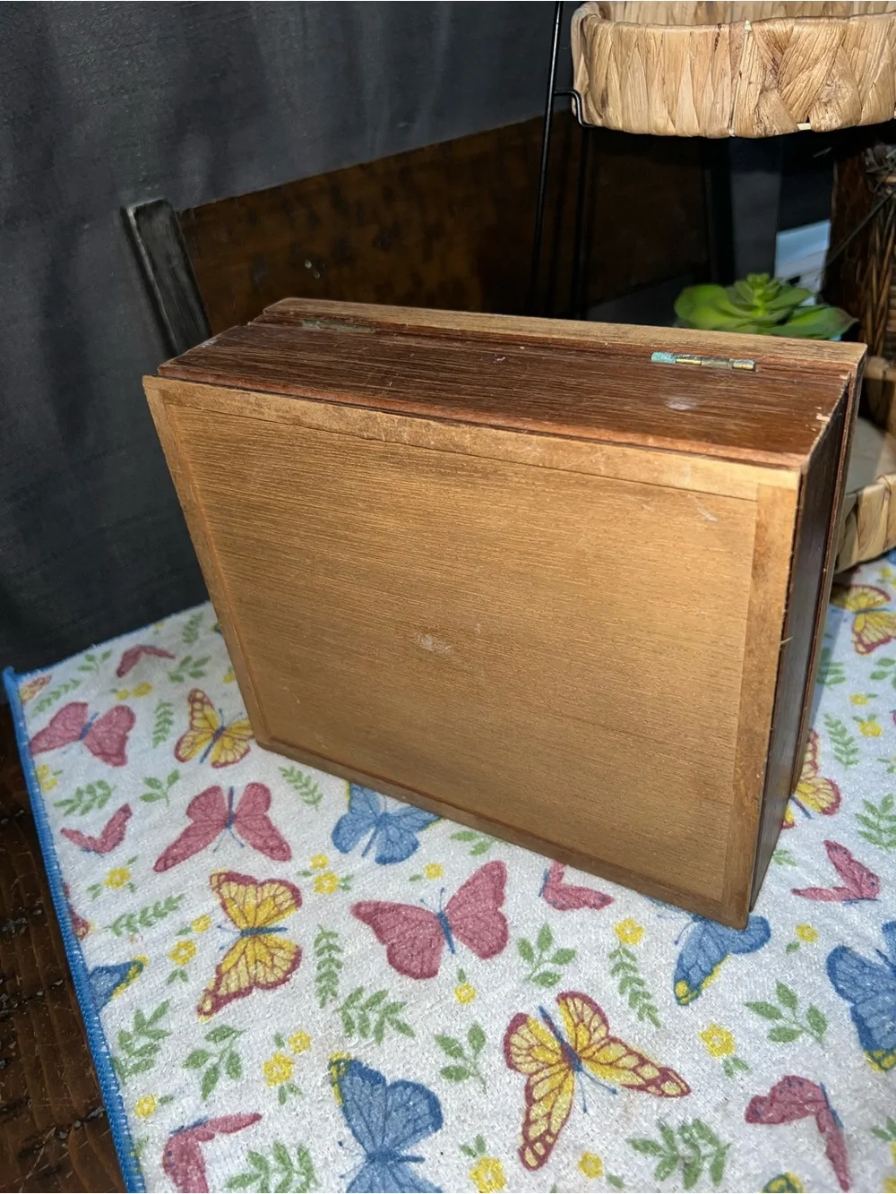 Vintage Wooden Jewelry Box Tapestry Top Yellow Velvet Lining Tray Needlepoint